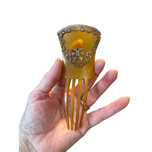 Antique Celluloid Hair Comb Amber Art Deco Mantilla Comb w Metal Filigree 1920s